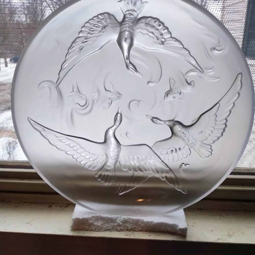 1930s Verlys Cranes and Koi Fish 13" Clear Frosted double signed bowl, Brand New